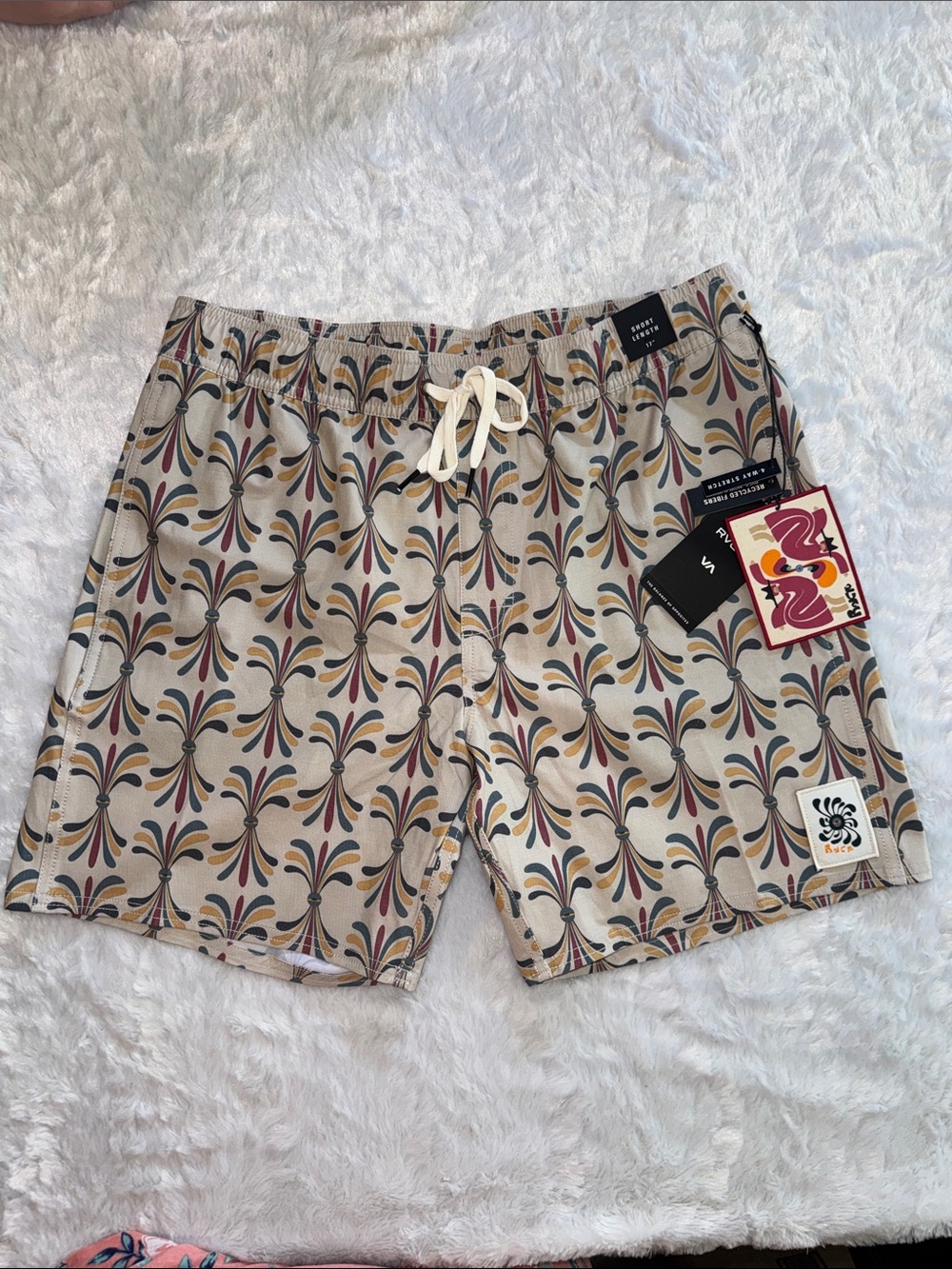 RVCA Beige Swim Trunks with Multicolor Retro Print